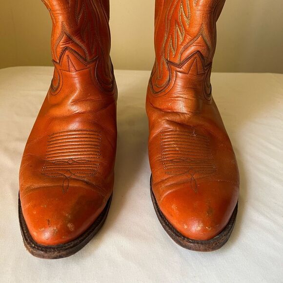 Vintage Tony Lama Men's 10.5D Western Cowboy Boots 6123 Orange Leather USA Made - Picture 2 of 13
